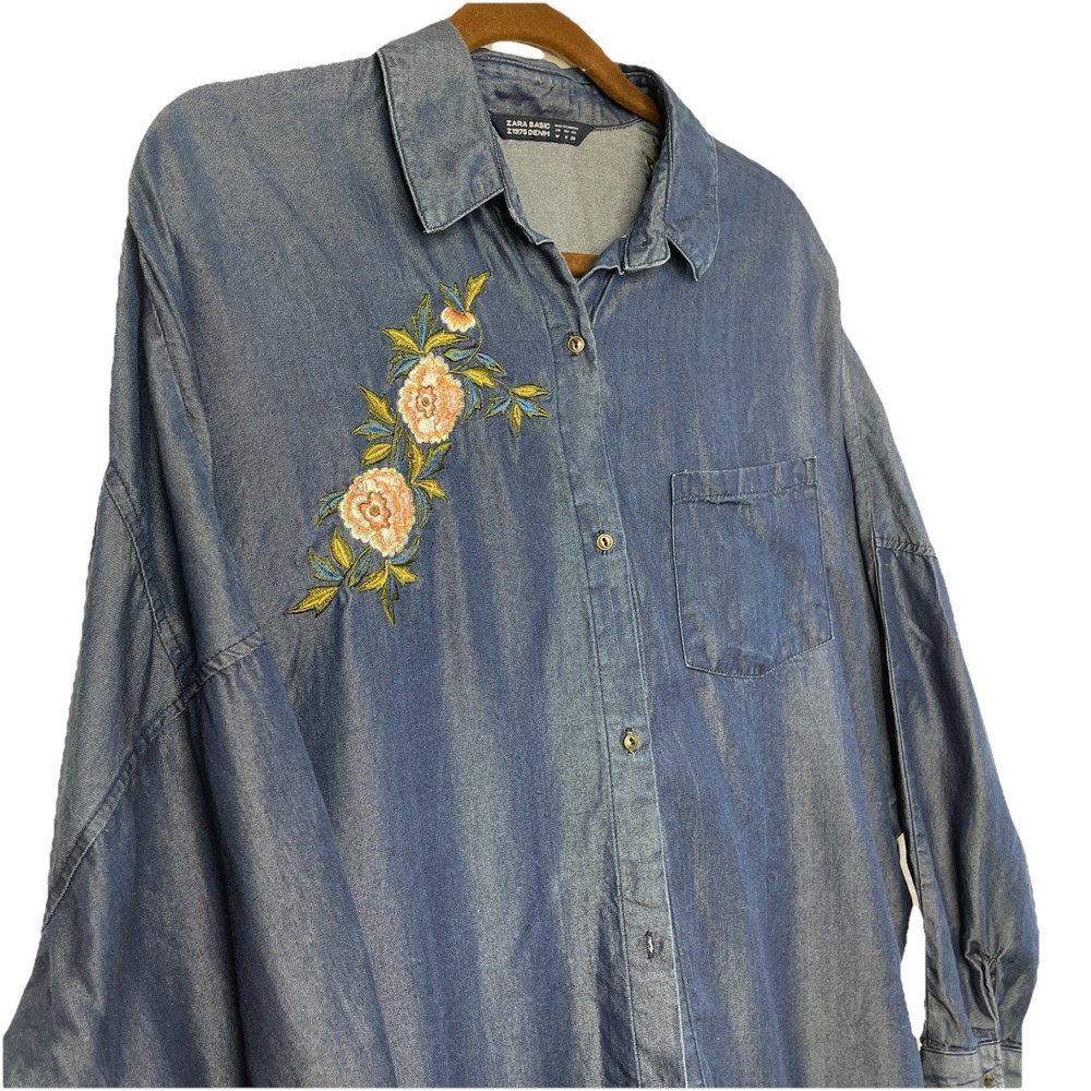 Zara‎ Oversized Batwing Denim Chambray Embroidered Tunic Women's Size M Western - Picture 10 of 10
